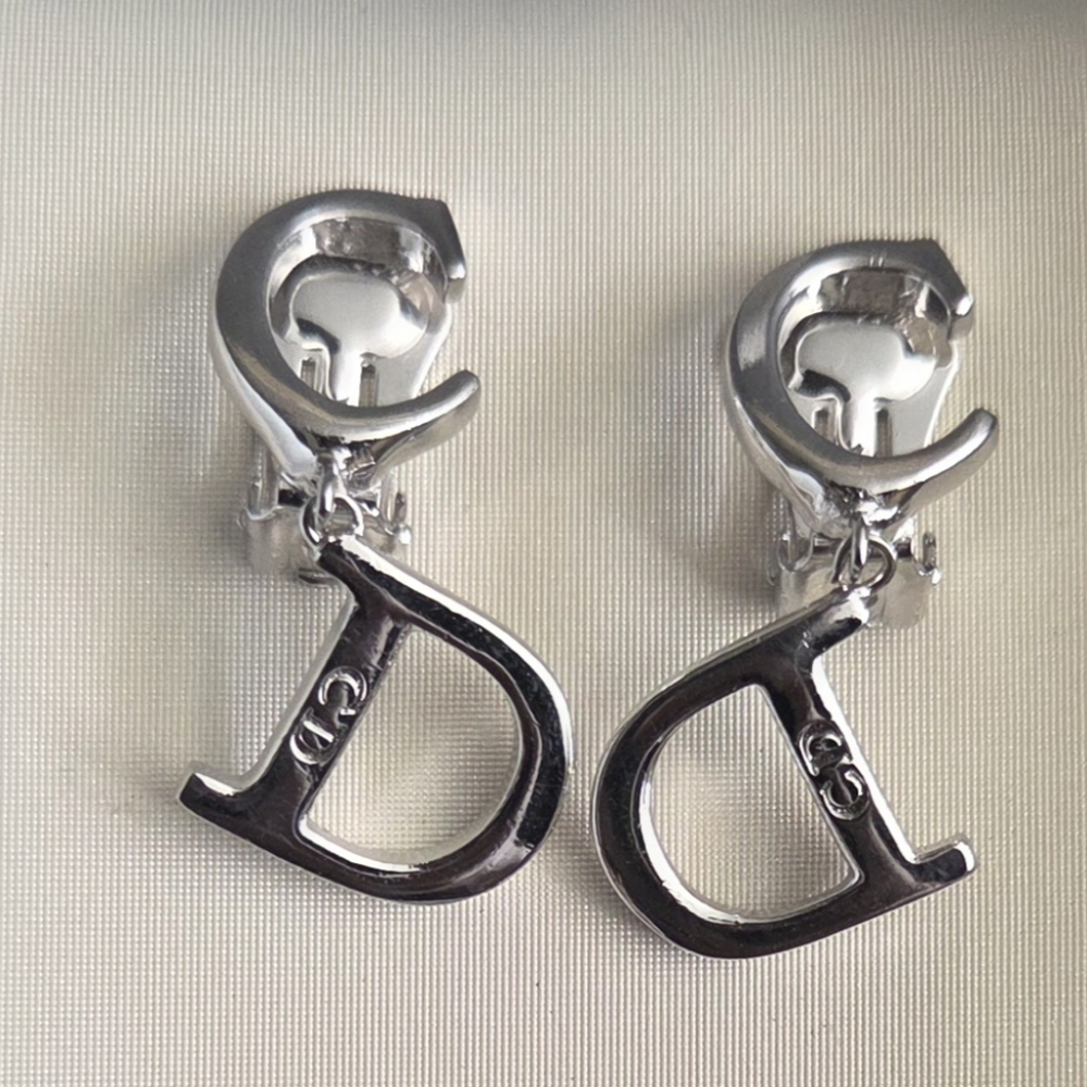 Christian Dior Vintage CD Clip-On Earrings Metal Silvery. Like New!